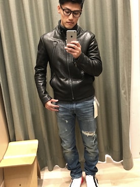 「マルジェラ」｜「アイテム（ライダースジャケット）」を使った、HiKさん（メンズ・170cm）の冬コーディネート