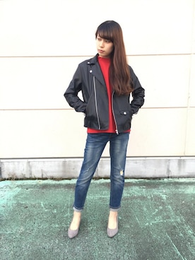 「Right-on（ライトオン）のアイテム（ライダースジャケット）」を使った、satoさん（レディース・162cm）の秋コーディネート