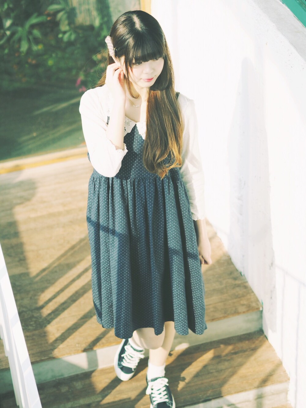 「STYLENANDAのアイテム（ワンピース、ブルー系）」を使った、_小白菜さん（レディース・165cm）の秋コーディネートの1枚目の写真