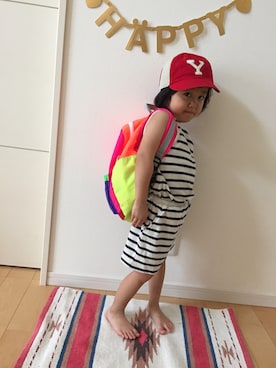 「Smoothy（スムージー）のアイテム（オールインワン・サロペット）」を使った、RU♡SOさん（キッズ・90cm）の夏コーディネート