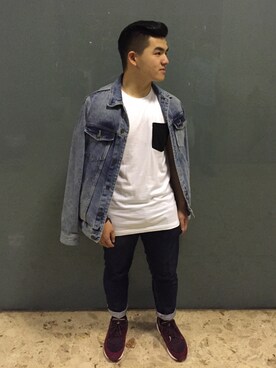 「PULL&BEAR（プルアンドベア）のアイテム（デニムジャケット）」を使った、Brandon Lek Zhi Jieさん（メンズ・169cm）の夏コーディネート