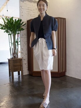 「半袖シャツ」｜「アイテム（ノーカラージャケット）」を使った、holicholicさん（レディース・160cm）の夏コーディネート
