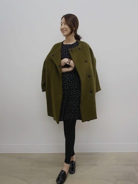 「アイテム（ノーカラージャケット、グリーン系）」を使った、holicholicさん（レディース・160cm）の冬コーディネート