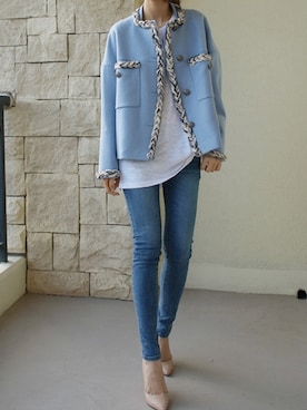 「ブルー」｜「アイテム（ノーカラージャケット）」を使った、holicholicさん（レディース・160cm）の冬コーディネート