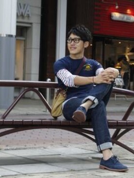 「メガネ男子#重ね着」｜シャロンさん（メンズ・180cm）の秋コーディネート