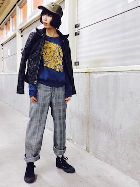 「Guess（ゲス）のアイテム（ライダースジャケット）」を使った、yukaさん（レディース・160cm）の春コーディネート
