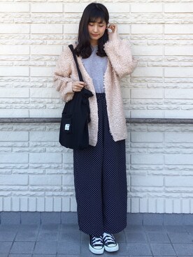「Chico（チコ）のループ編みロングニットカーディガン（カーディガン/ボレロ）」を使った、suzyさん（レディース・161cm）の秋コーディネート
