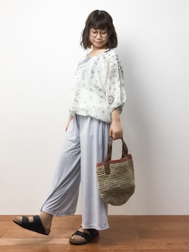 「アイテム（トートバッグ、オレンジ系）」を使った、ノ  ン  タ  ンさん（レディース・153cm）の夏コーディネート