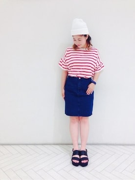 「定番」｜「アイテム（ニットキャップ/ビーニー）」を使った、あんどぅーさん（レディース・155cm）の夏コーディネート