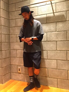 「BEAUTY&YOUTH UNITED ARROWS（ビューティーアンドユースユナイテッドアローズ）のBY ∴ フェルト ブリムハット（ハット、ブラック系）」を使った、Tomoyoshi Tsuchiyaさん（メンズ・175cm）の夏コーディネート