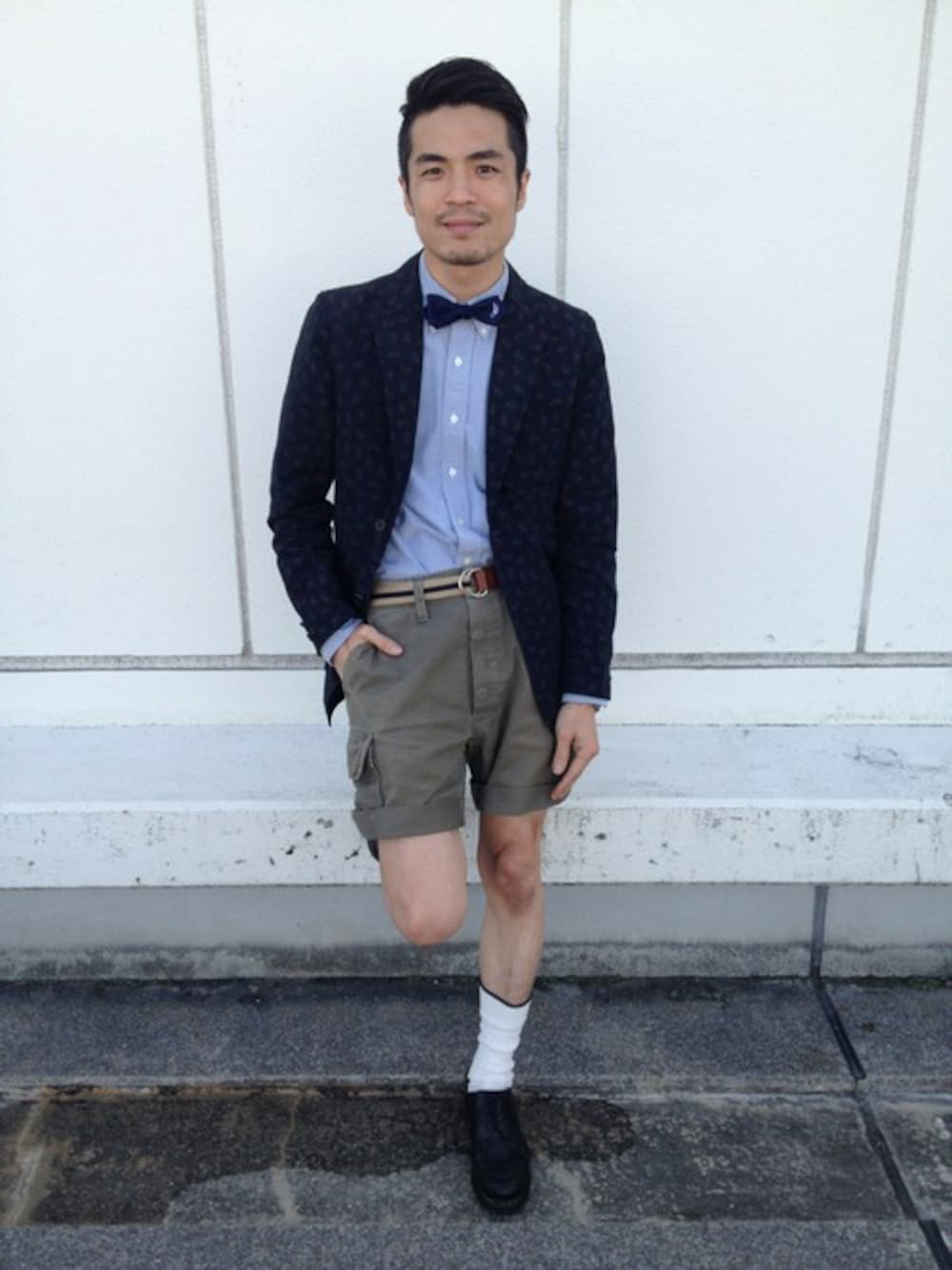 「BEAMS PLUSのBEAMS PLUS / 3ボタン ブレザー (PAISLEY)（テーラードジャケット、ブルー系）」を使った、haraShinさん（メンズ・166cm）の春コーディネートの1枚目の写真