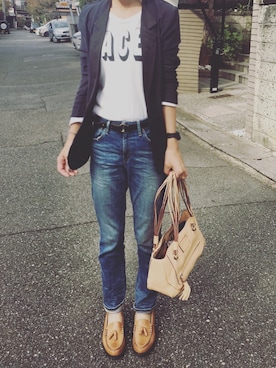 「NOMBRE IMPAIR（ノンブルアンペール）のアイテム（Tシャツ/カットソー）」を使った、M☺︎kiさん（レディース・163cm）の秋コーディネート