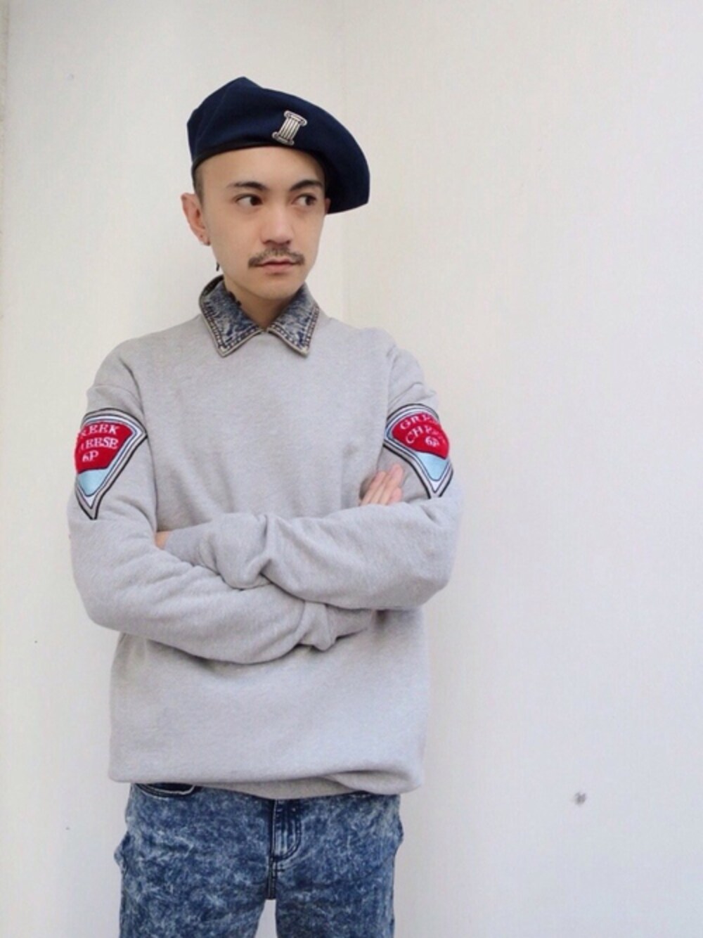 「ベレー帽、プルオーバー、ユニセックス、PAMEO POSE、ボーイズデニム」｜「PAMEO POSEのCANVAS COLUMN BERET（ハンチング/ベレー帽、ブラック系）」を使った、PAMEO POSEさん（メンズ・160cm）の春コーディネートの1枚目の写真
