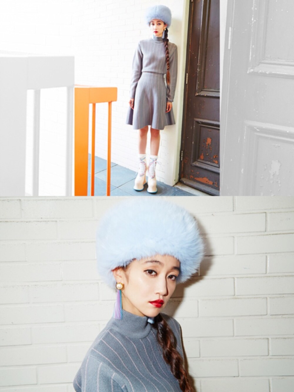 「ストライプ、ニットワンピース、大振りアクセサリー、ソックス、PAMEO POSE、パールアクセ、ファー帽子、編み上げブーツ」｜「PAMEO POSEのELENA FUR HAT（ニットキャップ/ビーニー、ブルー系）」を使った、PAMEO POSEさん（レディース・165cm）の秋コーディネートの1枚目の写真