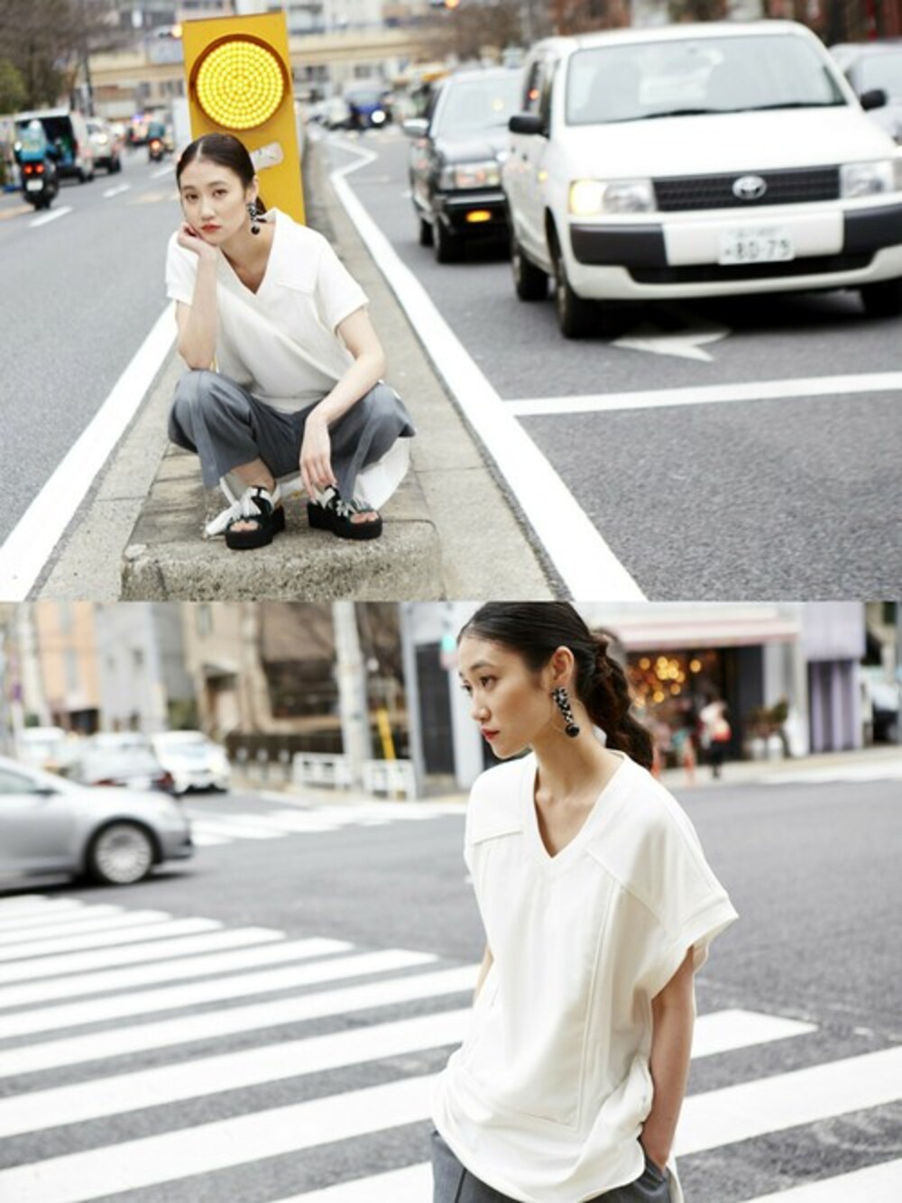 ホワイト系のTシャツ/カットソー、グレー系のその他パンツ、グリーン系のサンダルを着用したレディースの夏コーディネートの1枚目の写真