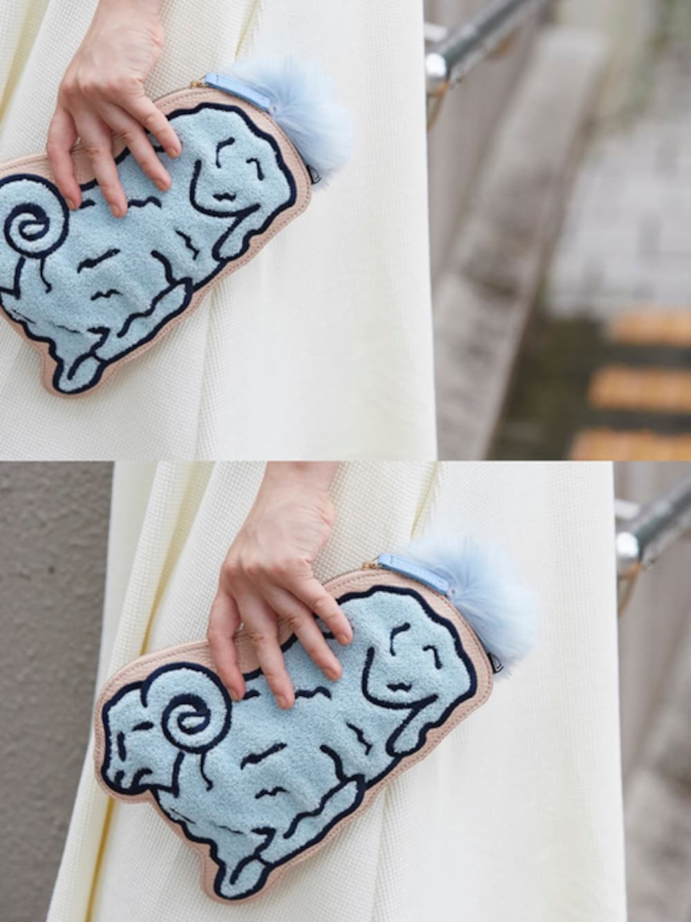 「クラッチバッグ、ファー小物、ポンポン、羊」｜「PAMEO POSEのCOUNT SHEEP CLUCH BAG（クラッチバッグ、ブルー系）」を使った、PAMEO POSEさん（レディース・165cm）の夏コーディネートの1枚目の写真