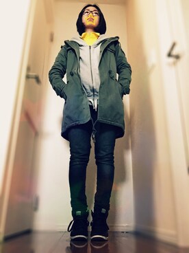 「uu」｜「アイテム（ミリタリージャケット）」を使った、megさん（レディース・156cm）の冬コーディネート