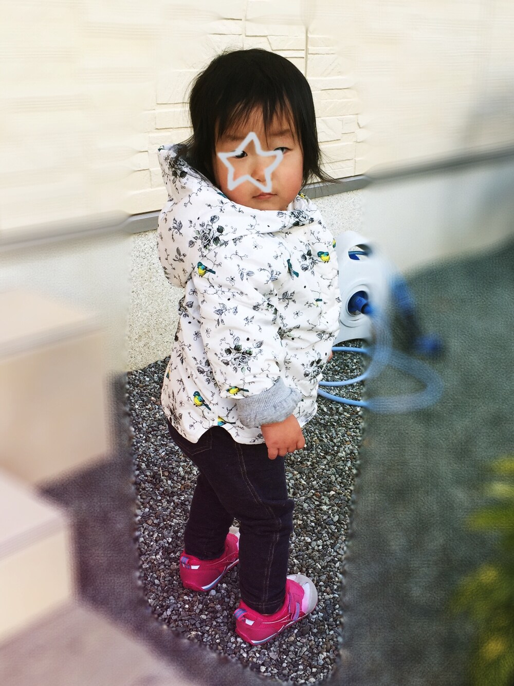 「babygap、小鳥柄」｜「babyGAPのアイテム（ナイロンジャケット、ホワイト系）」を使った、megさん（キッズ・80cm）の春コーディネートの1枚目の写真