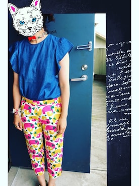 「GU（ジーユー）のアイテム（Tシャツ/カットソー、ブルー系）」を使った、ミックスジュースさん（レディース）の夏コーディネート