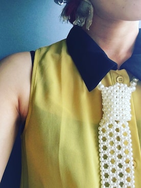 「no brand（ノーブランド）のアイテム（シャツ/ブラウス、イエロー系）」を使った、ミックスジュースさん（レディース）の夏コーディネート