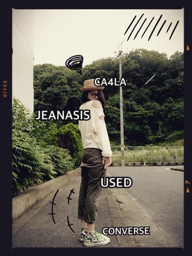 「JEANASIS（ジーナシス）のアイテム（Tシャツ/カットソー、ホワイト系）」を使った、Maaareさん（レディース・173cm）の夏コーディネート