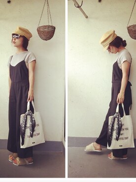 「リブクルーネックt」｜「アイテム（つなぎ/オールインワン）」を使った、emiko☆さん（レディース・155cm）の夏コーディネート