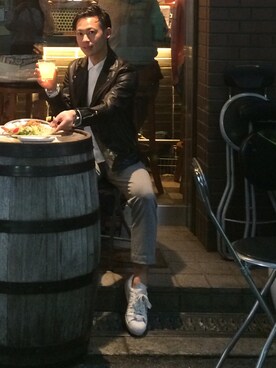「スエット」｜「アイテム（ライダースジャケット）」を使った、ななつほしむし☆さん（メンズ・167cm）の春コーディネート