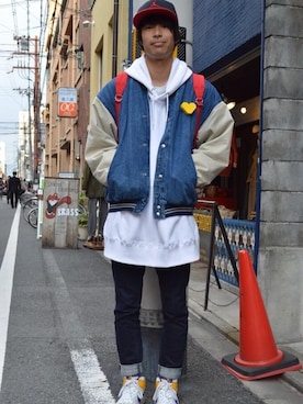「ナイキスニーカー」｜「アイテム（スタジャン）」を使った、ナガオさん（メンズ・182cm）の春コーディネート