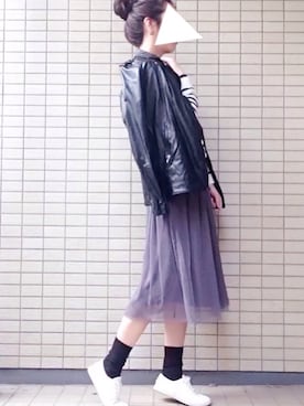 「アイテム（ライダースジャケット）」を使った、ikuさん（レディース・161cm）の冬コーディネート