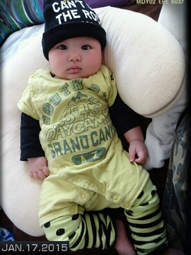 「アイテム（ママ＆ベビー、グリーン系）」を使った、あお✳さん（キッズ・70cm）の秋コーディネート