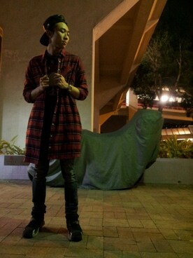 「GLOBAL WORK（グローバルワーク）のアイテム（シャツ/ブラウス、レッド系）」を使った、Pkjjjさん（メンズ・168cm）の冬コーディネート