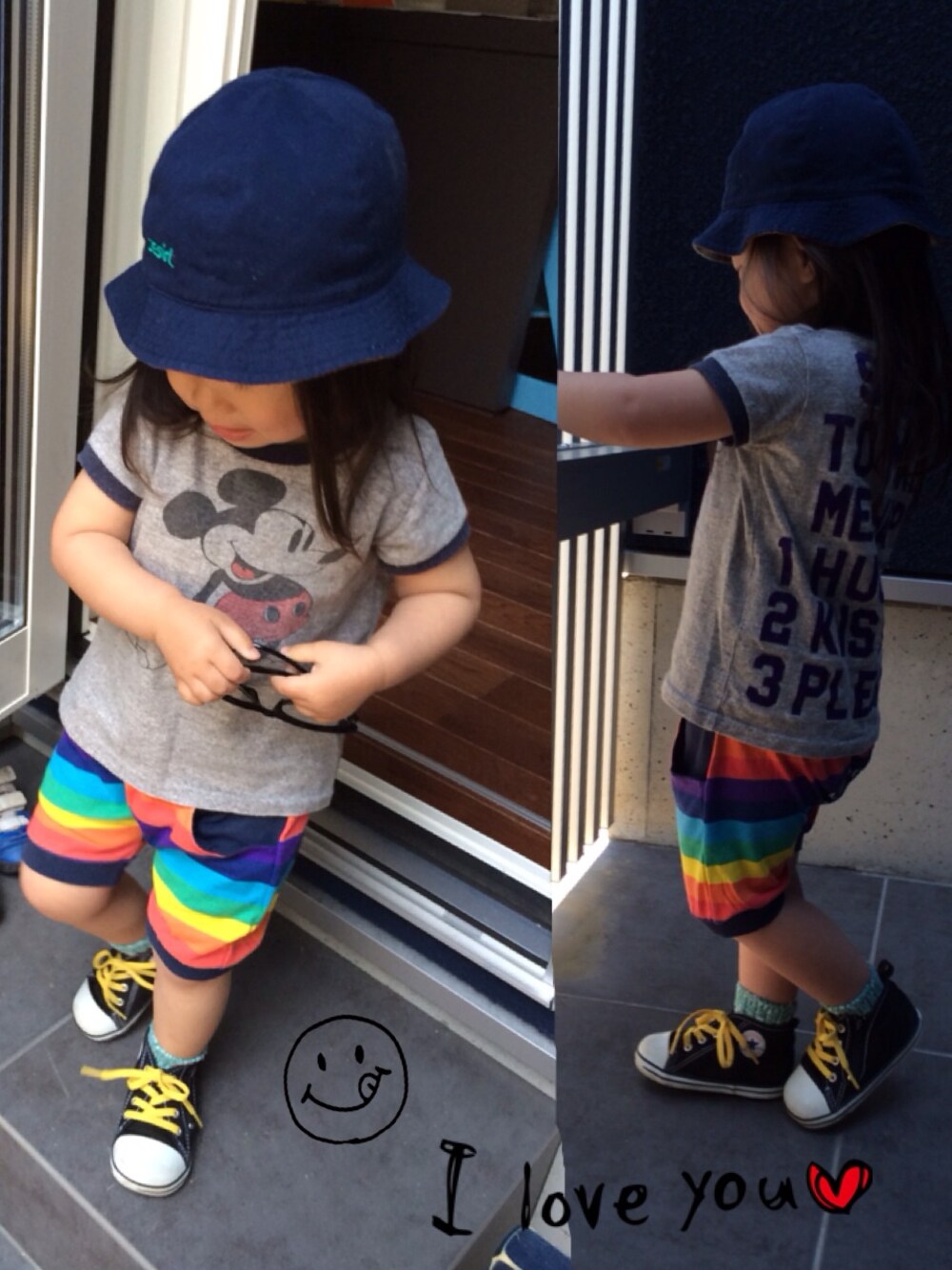「コンバース、ミッキー、キャラT、DENIM DUNGAREE、エックスガールステージス」｜「DENIM DUNGAREEの大好きミッキー♡（Tシャツ/カットソー、グレー系）」を使った、HALnon14さん（キッズ・80cm）の春コーディネートの1枚目の写真