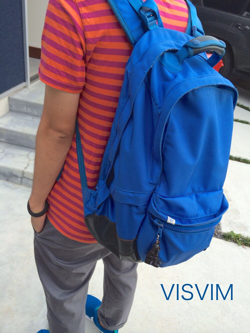 「visvim、ボーダー、NIKE、バックパック」｜「VISVIMのアイテム（バックパック/リュック、ブルー系）」を使った、HALnon14さん（メンズ・170cm）の夏コーディネートの1枚目の写真