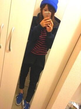 「no brand（ノーブランド）のアイテム（ニットキャップ/ビーニー、ブルー系）」を使った、ta_miiさん（レディース・158cm）の春コーディネート