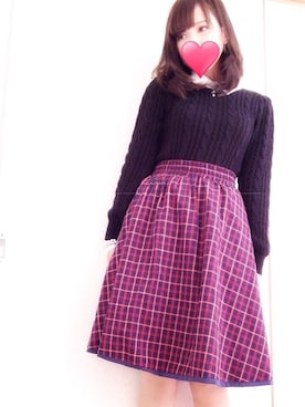 「one after another NICE CLAUP（ワンアフターアナザーナイスクラップ）の【ＶｉＶｉ12月号掲載　ナイスクラップ】衿付ケーブルプルオーバー（ニット/セーター、ブラック系）」を使った、まなみんさん（レディース・158cm）の秋コーディネート
