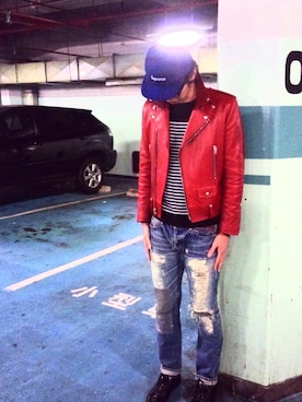 「アイテム（ライダースジャケット、レッド系）」を使った、m.さん（メンズ・189cm）の冬コーディネート