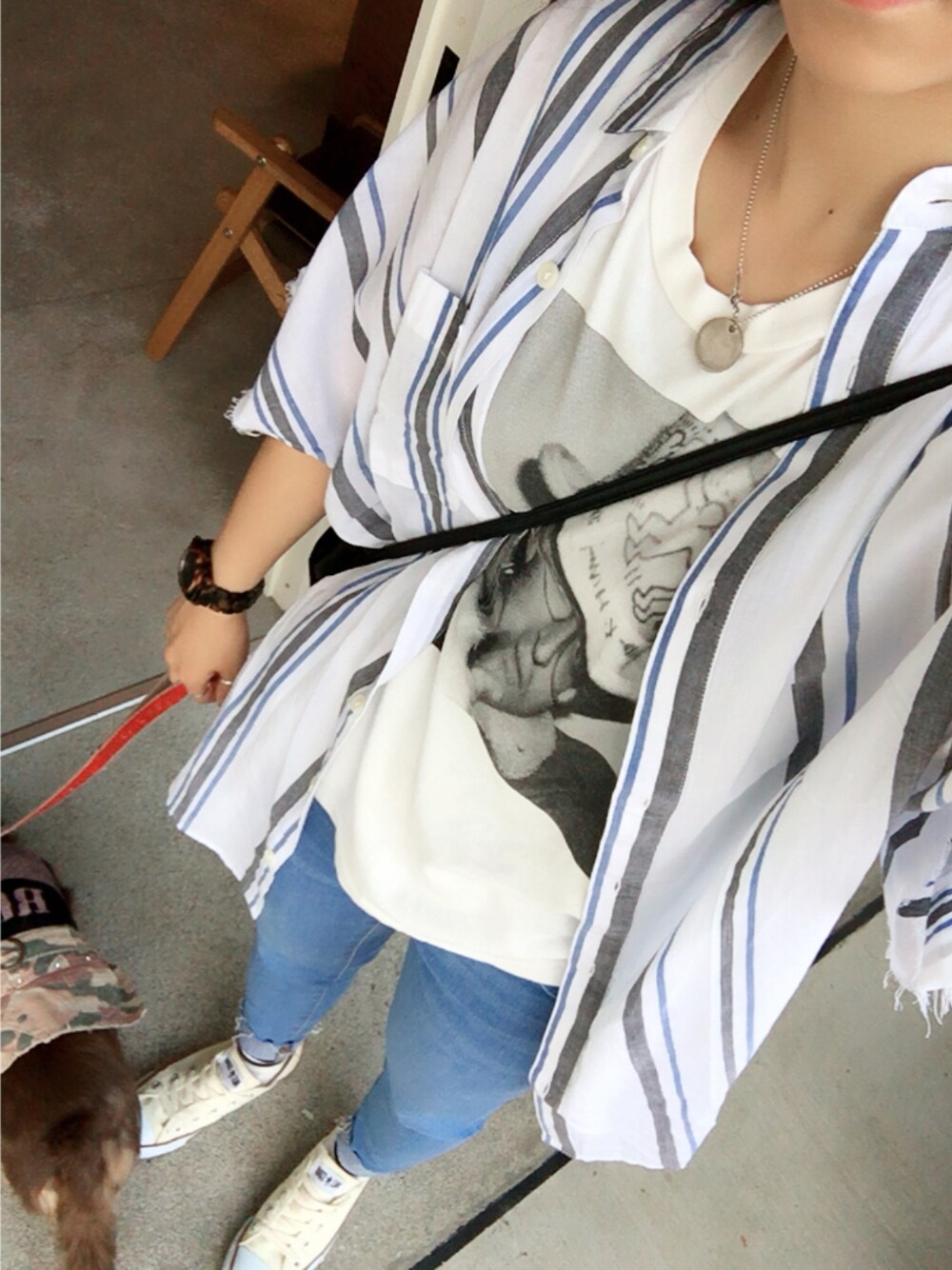 「ニクソン(NIXON)、tiffany&co、moussy、ZARA、converse、KANGOL、キース・ヘリング、犬」｜「MOUSSYのアイテム（シャツ/ブラウス、ホワイト系）」を使った、Mikuさん（レディース・154cm）の夏コーディネートの1枚目の写真