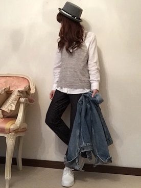 「ニットキャミソール」｜「アイテム（デニムジャケット）」を使った、cheryさん（レディース・156cm）の冬コーディネート