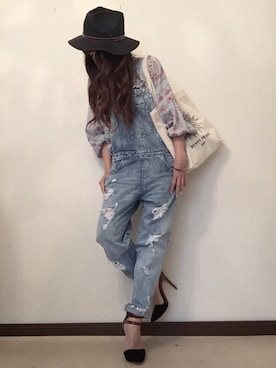 「花柄シャツ」｜「アイテム（オールインワン・サロペット）」を使った、cheryさん（レディース・156cm）の夏コーディネート