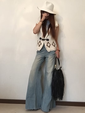 「フリンジバッグ」｜「アイテム（つなぎ/オールインワン）」を使った、cheryさん（レディース・156cm）の秋コーディネート
