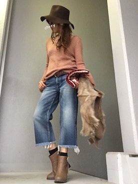 「ツバ広ハット」｜cheryさん（レディース・156cm）の秋コーディネート