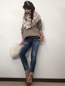 「Ungrid（アングリッド）のフレイドヘムストスリ（デニムパンツ）」を使った、cheryさん（レディース・156cm）の秋コーディネート