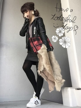 「サロペットスカート」｜「アイテム（ライダースジャケット）」を使った、cheryさん（レディース・156cm）の冬コーディネート