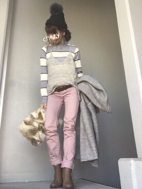 「DHOLIC（ディーホリック）のアイテム（ニットキャップ/ビーニー）」を使った、cheryさん（レディース・156cm）の冬コーディネート