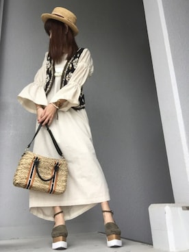 「niko and...（ニコアンド）のオリジナル ミニラインテープカゴバッグ【niko and...】（かごバッグ）」を使った、cheryさん（レディース・156cm）の春コーディネート