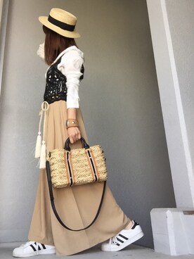 「niko and...（ニコアンド）のオリジナル ミニラインテープカゴバッグ【niko and...】（かごバッグ）」を使った、cheryさん（レディース・156cm）の春コーディネート