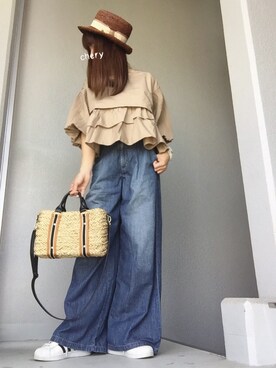 「niko and...（ニコアンド）のオリジナル ミニラインテープカゴバッグ【niko and...】（かごバッグ）」を使った、cheryさん（レディース・156cm）の春コーディネート