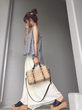 「niko and...（ニコアンド）のオリジナル ミニラインテープカゴバッグ【niko and...】（かごバッグ）」を使った、cheryさん（レディース・156cm）の夏コーディネート