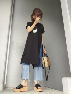 「niko and...（ニコアンド）のオリジナル ミニラインテープカゴバッグ【niko and...】（かごバッグ）」を使った、cheryさん（レディース・156cm）の夏コーディネート