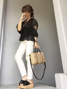 「niko and...（ニコアンド）のオリジナル ミニラインテープカゴバッグ【niko and...】（かごバッグ）」を使った、cheryさん（レディース・156cm）の夏コーディネート